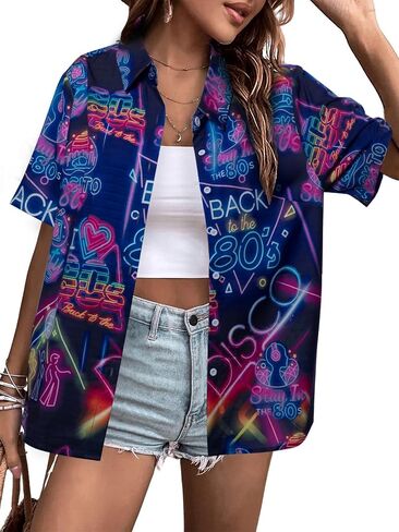 80s 90s قمصان النساء هاواي 80s 90s وتتسابق خمر العودة إلى 90s الجرافيك المحملة ريترو حفلة ديسكو كم قصير زر حتى أعلى in Kuwait