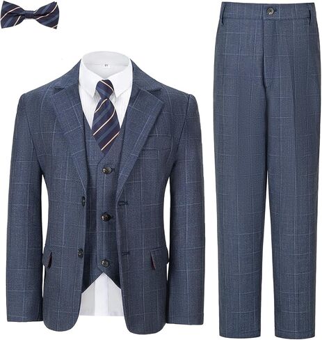 Boys Formal Suit Set Kids Toddler Tuxedo Slim Fit Plaid Suits for Teenage Boys 5-Piece Wedding Party Outfit in Saudi Arabia