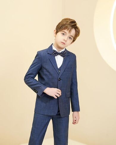 Boys Formal Suit Set Kids Toddler Tuxedo Slim Fit Plaid Suits for Teenage Boys 5-Piece Wedding Party Outfit in Saudi Arabia