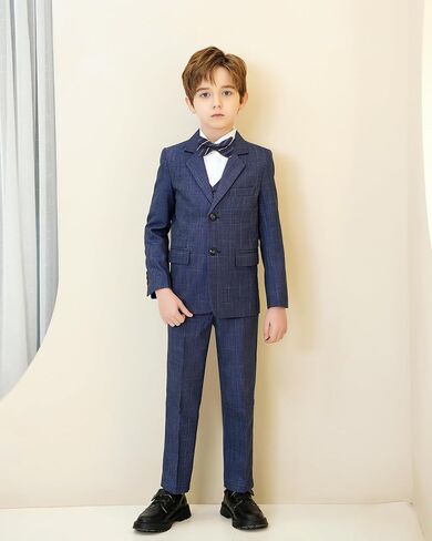 Boys Formal Suit Set Kids Toddler Tuxedo Slim Fit Plaid Suits for Teenage Boys 5-Piece Wedding Party Outfit in Saudi Arabia