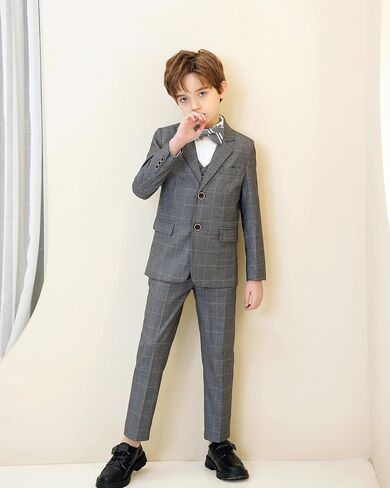 Boys Formal Suit Set Kids Toddler Tuxedo Slim Fit Plaid Suits for Teenage Boys 5-Piece Wedding Party Outfit in Saudi Arabia