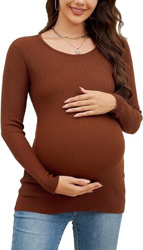 Maternity Shirts Ribbed Knit Long Sleeve Crewneck Pregnancy Tunic Tops Casual Maternity Clothes in Kuwait