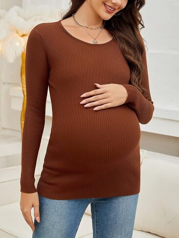 Maternity Shirts Ribbed Knit Long Sleeve Crewneck Pregnancy Tunic Tops Casual Maternity Clothes in Kuwait