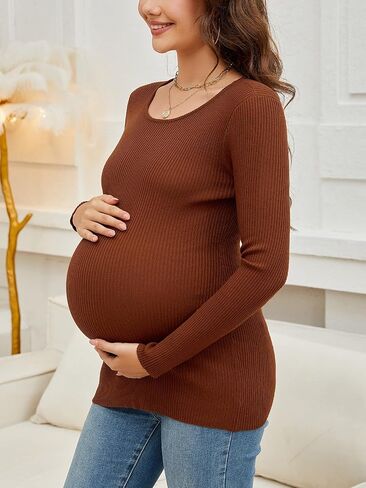 Maternity Shirts Ribbed Knit Long Sleeve Crewneck Pregnancy Tunic Tops Casual Maternity Clothes in Kuwait