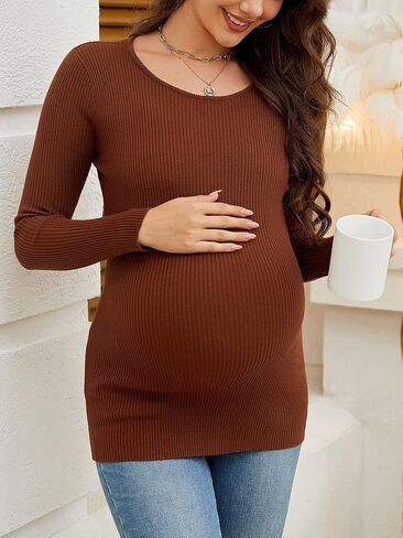 Maternity Shirts Ribbed Knit Long Sleeve Crewneck Pregnancy Tunic Tops Casual Maternity Clothes in Kuwait