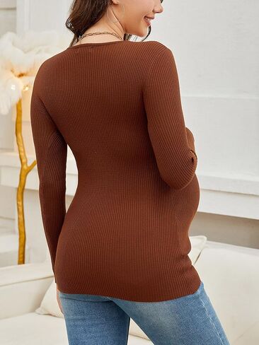 Maternity Shirts Ribbed Knit Long Sleeve Crewneck Pregnancy Tunic Tops Casual Maternity Clothes in Kuwait