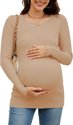 قمصان الأمومة مضلع متماسكة طويلة الأكمام Crewneck الحمل تونك القمم ملابس أمومة غير رسمية in Kuwait