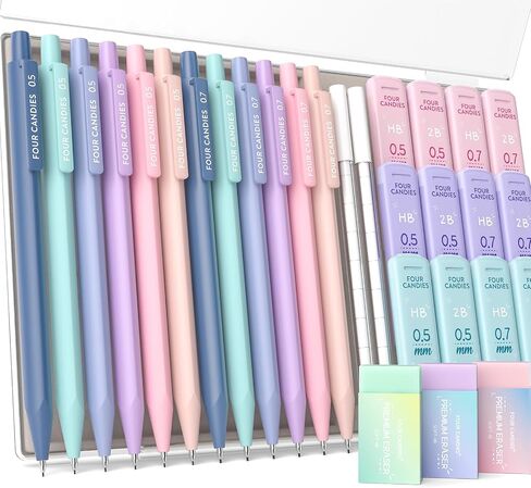 Four Candies Mechanical Pencils 0.7mm, with HB & 2B Lead Refills 0.7, Pastel Eraser Set & Eraser Refills, 16-Count Pack with Case, Cute Aesthetic School Supplies for Writing, Drawing and Sketching in Saudi Arabia