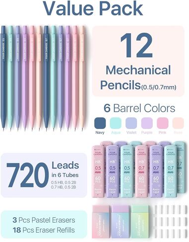 Four Candies Mechanical Pencils 0.7mm, with HB & 2B Lead Refills 0.7, Pastel Eraser Set & Eraser Refills, 16-Count Pack with Case, Cute Aesthetic School Supplies for Writing, Drawing and Sketching in Saudi Arabia