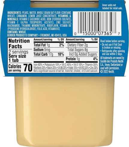 Gerber Stage 2 Baby Food, Pear Cinnamon Oatmeal Cereal Tubs, Iron Helps Support Brain Development, No Added Colors or Flavors, Baby Oatmeal, 16-Pack in Saudi Arabia