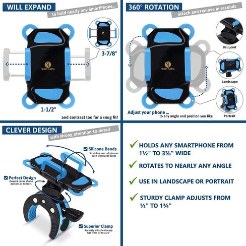 Stroller Phone Holder, Shopping Cart Golf Bike Mount, for Motorcycle, Scooter, ATV, Boat, Spin Bike, Bicycle Handlebar- Universal- iPhone, Cell Clamp in Kuwait
