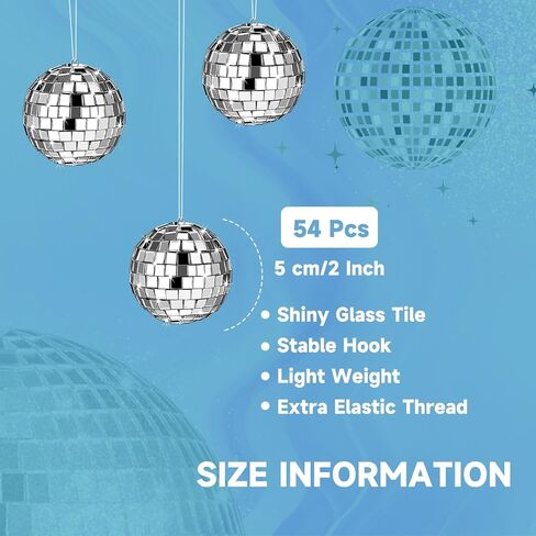 54 Pcs Disco Ball, Hanging Disco Ball Decor Mini Silver Disco Ball Cake Topper Mirror Ball Decorations 71s Disco Themed Party Wedding Christmas Supplies in Saudi Arabia