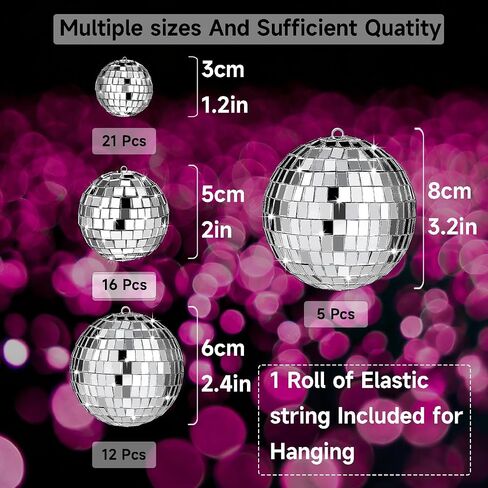 54 Pcs Disco Ball, Hanging Disco Ball Decor Mini Silver Disco Ball Cake Topper Mirror Ball Decorations 71s Disco Themed Party Wedding Christmas Supplies in Saudi Arabia