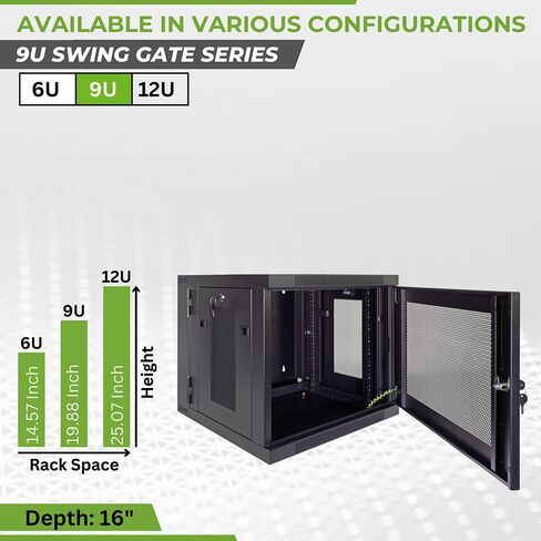 NavePoint 9U Server Cabinet with Hinged Back - 17.7" Deep, 9U Server Rack Enclosure with Locking Perforated Door, Wall Mount Rack with Removable Side Panels, 9U Network Cabinet, Pre-Assembled in Saudi Arabia