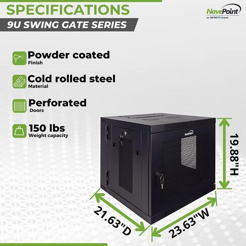 NavePoint 9U Server Cabinet with Hinged Back - 17.7" Deep, 9U Server Rack Enclosure with Locking Perforated Door, Wall Mount Rack with Removable Side Panels, 9U Network Cabinet, Pre-Assembled in Saudi Arabia