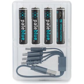 USB Rechargeable AAA Batteries by Pale Blue, Lithium Ion 1.5v 600 mAh, Charges Under 1 Hour, Over 1000 Cycles, 4-in-1 USB-A to USB-C Charging Cable, LED Charge Indicator, 12-Pack