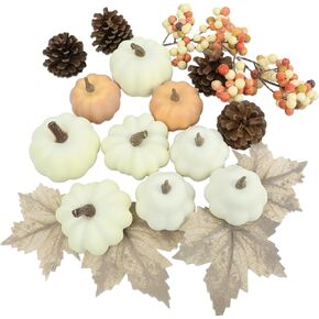 16PCS Realistic Mini Pumpkin Decor,Fall Decor with Pumpkins Maple Leaves, Artificial Pumpkin Decor for Autumn Filler, Realistic Pumpkin Decorations for Halloween Thanksgiving Fall Home Decor