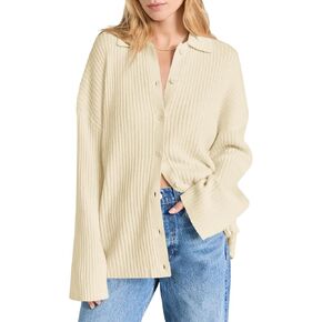 Danedvi Womens Collared Cardigan Sweaters Oversized Ribbed Knit Open Front Button Up Bell Sleeve Outwear