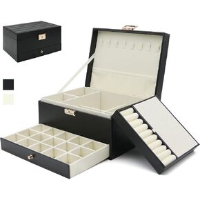 Jewelry Organizer Box, Jewelry Box Organizer for Women Girls, 3 Layers Large Leather Jewelry Storage Case for Earring, Rings, Necklaces Bracelets, Big and Small Jewelry, Watch, Ideal Gift (OliveGreen)