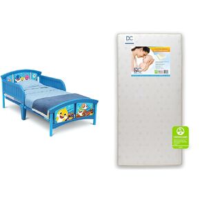 Delta Children Baby Shark Plastic Toddler Bed with Twinkle Stars Dual Sided 6" Crib and Toddler Mattress