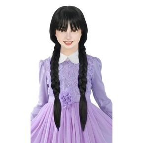 yuehong Long Black Braids Wig Bangs Long Pigtails Hair Synthetic Heat Resistant Wig For Halloween Cosplay party (Adult)