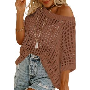 Sidefeel Women's Crochet Tops Short Sleeve Sweater 2024 Fashion Hollow Out Scoop Neck Pullover Knit Tops Cover Ups