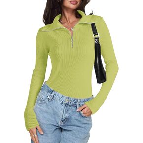 Women's Quarter Zip Pullover Sweaters 2024 Long Sleeve Collared Slim Fit Ribbed Knit Business Casual Fall Top
