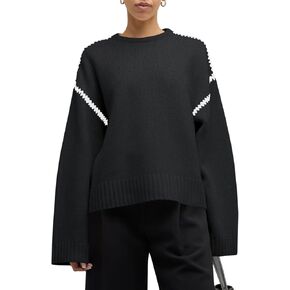 Saodimallsu Womens Sweaters Crewneck Long Sleeve Fall Chunky Knit Sweater Color Block Slouchy Loose Pullover Tops