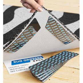 8 Pack Non Slip Rug Grippers for Wood Floors and Tile Floors - Double Sided, Reusable Rug Corner Grippers to Stop Corner Curling - Easy Install Carpet Stickers for Area Rugs - Non Slip Rug Pads