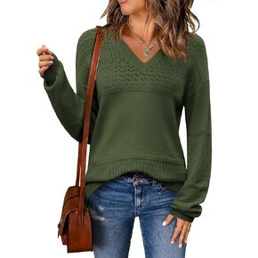 Zeagoo Womens 2024 Fall Sweaters Casual Long Sleeve Ribbed Knit Pullover V Neck Lightweight Crochet Pullover Sweater Top in Kuwait