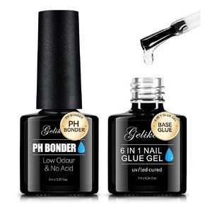 Gelike ec 6 in 1 Nail Glue Base Gel and Top Coat Kit 2PCS for Nail Polish, Base Gel Nail Glue No Wipe Top Coat Super Shiny Stain Resistant for False Nail Tips Long Lasting UV Needed