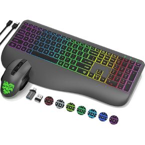 Wireless Keyboard and Mouse Combo, 15 Backlit Effects, Wrist Rest, Quiet Light Up Keys, Sleep Mode, Rechargeable Ergonomic Cordless Keyboard Mouse Combo for Computer, Laptop, PC, Mac, Windows (Grey)