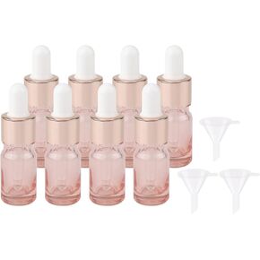 8 Pack 5ml Pink Dropper Bottles, Empty Refillable Glass Sample Vials Essential Oils DIY Perfume Skin Care Essence Liquid Blends Travel Container, With Rose-Gold Cap And 3 Funnels