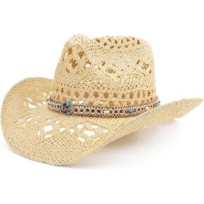 Straw Cowboy Hat for Women and Men with Shapeable Wide Brim Sun Beach Western Cowgirl Hat