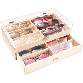 ProCase 12 Slots Acrylic Clear Top Sunglass Organizer, 2 Layers Eyeglasses Case Multi Pairs Storage Eyewear Display Holder with Transparent Lid and Drawer -Black