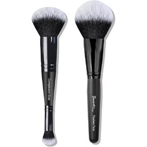 Duo Ended Foundation & Concealer Makeup Brush 2 in 1 Plus Large Flat Top Kabuki Flawless Foundation Brush, Black makeup sponge and Blender Holder By Bueart Design