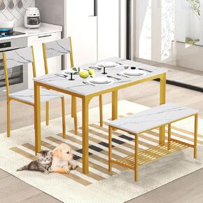 SogesHome Home Kitchen Table Set for 4, Compact Dining Table Chair Set, 4 Pieces Table Chair Bench Set for Small Place, Apartment, Golden