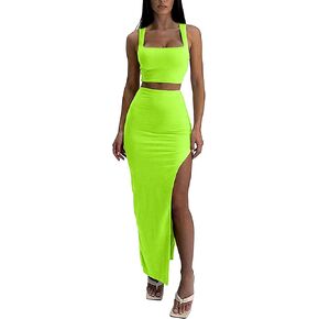 ELLEVEN Two Piece Maxi Skirt Sets for Women, Square Neck Tank Tops with High Side Slit Dress Sets Summer Outfits