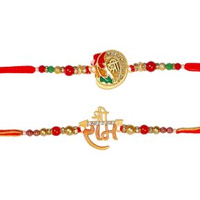 Rakhi Set of 2 Rakhi for Brother with Raksha Bandhan Greeting Card | Roli Chawal Tika - Raksha Bandhan Designer Kundan Rakhi for Brother & Bhabhi | Rakhi for Bhaiya | Rakhi Thread VRK012