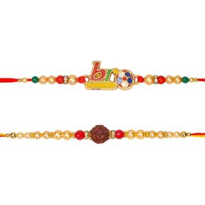Rakhi Set of 2 Rakhi for Brother with Raksha Bandhan Greeting Card | Roli Chawal Tika - Raksha Bandhan Designer Kundan Rakhi for Brother & Bhabhi | Rakhi for Bhaiya | Rakhi Thread VRK012