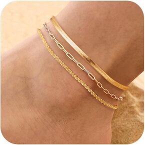 Ankle Bracelets for Women, 14K Gold Anklets for Women Waterproof Cuban Link Chain Layered Anklet Set Gold Ankle Bracelets for Women Summer Beach Foot Jewelry Gifts