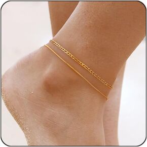 Gold Ankle Bracelets For Women Waterproof,18k Gold Plated Anklets Layered Thin Snake Chain Herringbone Anklets Non Tarnish Stainless Steel Dainty Summer Jewelry Set Gift For Women