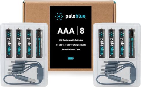 USB Rechargeable AAA Batteries by Pale Blue, Lithium Ion 1.5v 600 mAh, Charges Under 1 Hour, Over 1000 Cycles, 4-in-1 USB-A to USB-C Charging Cable, LED Charge Indicator, 12-Pack in Saudi Arabia