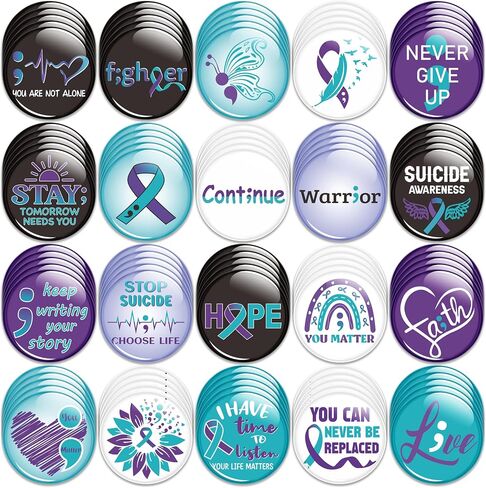 Suicide Prevention Awareness Button Pins - Teal Purple Ribbon Semicolon Round Badges World Suicide Prevention Day Hope Faith Brooch Pin Decor Supplies, Clothing Bag Hat Accessories in Saudi Arabia