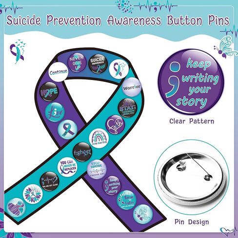 Suicide Prevention Awareness Button Pins - Teal Purple Ribbon Semicolon Round Badges World Suicide Prevention Day Hope Faith Brooch Pin Decor Supplies, Clothing Bag Hat Accessories in Saudi Arabia