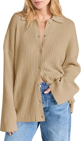 Danedvi Womens Collared Cardigan Sweaters Oversized Ribbed Knit Open Front Button Up Bell Sleeve Outwear in Kuwait