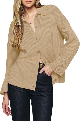 Danedvi Womens Collared Cardigan Sweaters Oversized Ribbed Knit Open Front Button Up Bell Sleeve Outwear in Kuwait