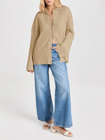 Danedvi Womens Collared Cardigan Sweaters Oversized Ribbed Knit Open Front Button Up Bell Sleeve Outwear in Kuwait