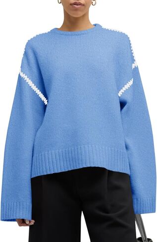Saodimallsu Womens Sweaters Crewneck Long Sleeve Fall Chunky Knit Sweater Color Block Slouchy Loose Pullover Tops in Saudi Arabia