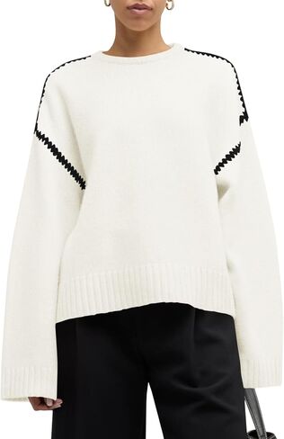 Saodimallsu Womens Sweaters Crewneck Long Sleeve Fall Chunky Knit Sweater Color Block Slouchy Loose Pullover Tops in Saudi Arabia